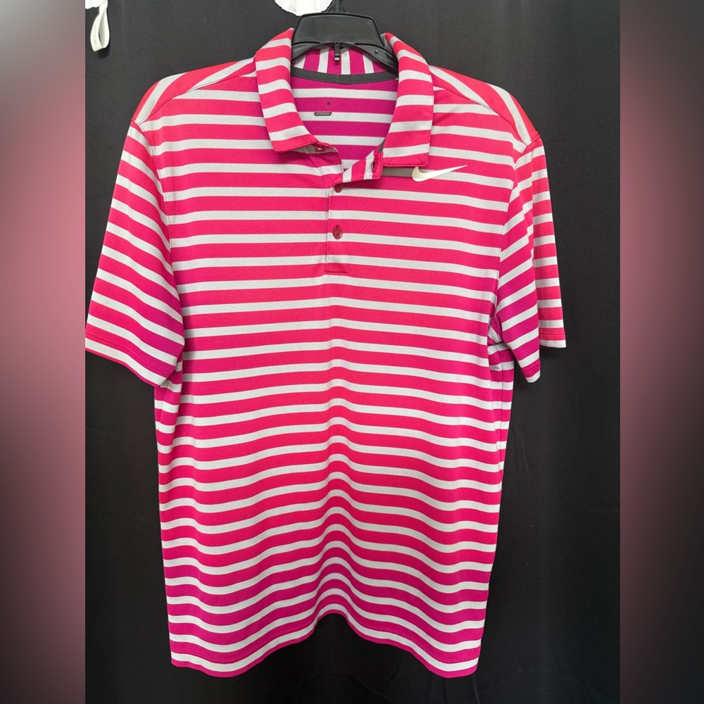 Pink & White Wide Striped Nike Golf Polo - Size Medium